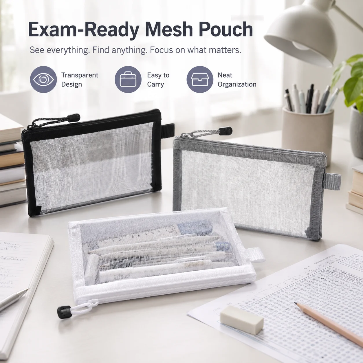 Clear Mesh Pencil Pouch For Exam - Прозрачный сетчатый пенал, прозрачный чехол для